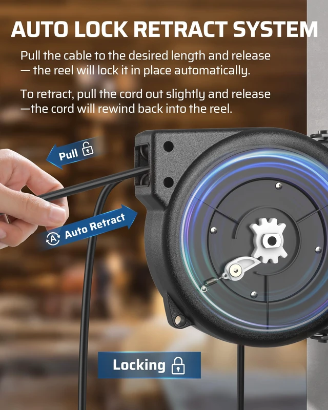 Alt view image 4 of 7 - 30FT Retractable Extension Cord Reel,16/3C SJTOW Cord Reel 10 Amp, Lighted Triple Outlets, 180° Swivel Bracket, Ceiling/Wall Mount, Heavy Duty for Garage, Workshop, ETL Listed
