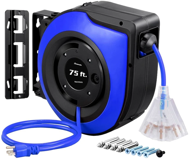 Main image of 75FT Extension Cord Reel, 14/3C SJTOW Cord Reel, UL Listed, Blue Retractable, Lighted Plug End, 10A Circuit Breaker, Ceiling/Wall Mount, 180° Swivel Bracket for Garage, Workshop