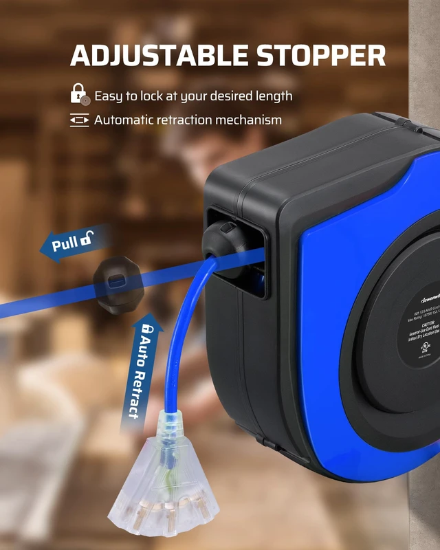Alt view image 4 of 7 - 75FT Extension Cord Reel, 14/3C SJTOW Cord Reel, UL Listed, Blue Retractable, Lighted Plug End, 10A Circuit Breaker, Ceiling/Wall Mount, 180° Swivel Bracket for Garage, Workshop