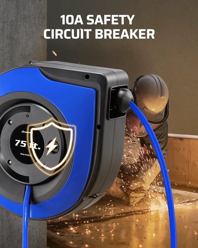 Alt view image 6 of 7 - 75FT Extension Cord Reel, 14/3C SJTOW Cord Reel, UL Listed, Blue Retractable, Lighted Plug End, 10A Circuit Breaker, Ceiling/Wall Mount, 180° Swivel Bracket for Garage, Workshop