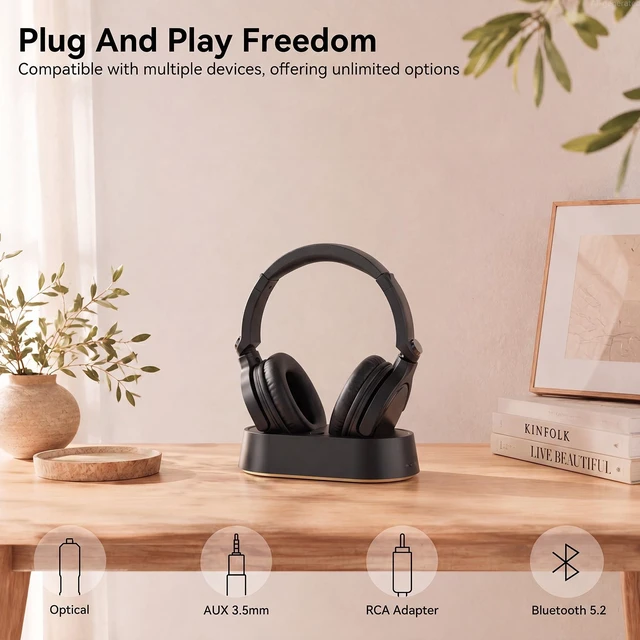 Alt view image 6 of 7 - Wireless Headphones for TV Watching, TV Headphones Wireless for Seniors with Transmitter Charging Base, 65H No Audio Delay Bluetooth Headphones for TV, HiFi Stereo Sound, Gifts for Parents/Elderly
