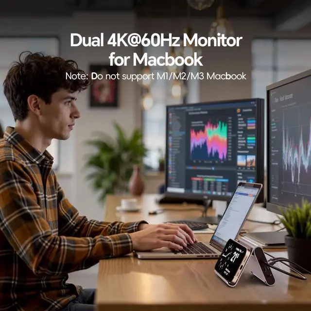Alt view image 4 of 7 - MacBook Pro Docking Station Dual Monitor 4K@60Hz for MacBook Pro/Air M4/M5 | USB C Docking Station with 2 HDMI, Ethernet, USB 10Gbps, SD/TF, Laptop Stand Dock, Space-Saving for Mac Users, Grey