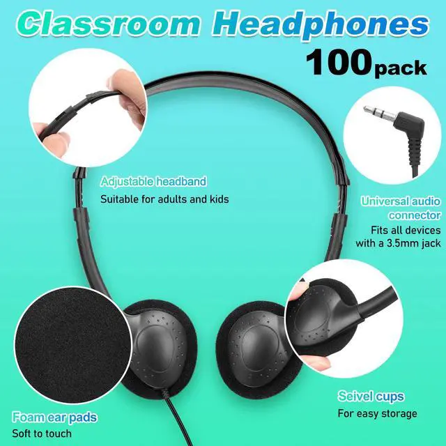 Alt view image 2 of 7 - 100 Pack Headphones for Classroom Bulk Students Adjustable Headphones Wired Pack Black Over the Head Earphones with 3.5 mm Plug for School Library Museums Charity Donate(Black)