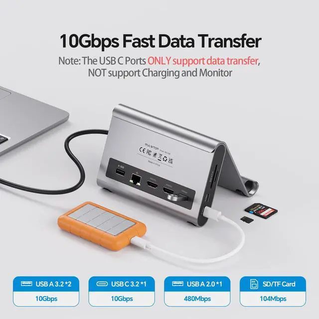 Alt view image 6 of 7 - MacBook Pro Docking Station Dual Monitor 4K@60Hz for MacBook Pro/Air M4/M5 | USB C Docking Station with 2 HDMI, Ethernet, USB 10Gbps, SD/TF, Laptop Stand Dock, Space-Saving for Mac Users, Grey
