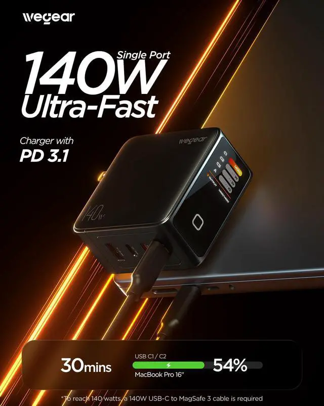 Alt view image 2 of 7 - 140W GaN USB C Charger Block, 4-Port PD3.1 Fast Wall Charger with Smart Display & Touch Control, Foldable Power Adapter with 240W USB-C Cable for MacBook Pro, iPhone 17/16, iPad, Galaxy S25/S24