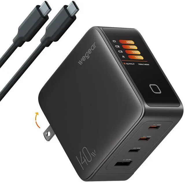 Main image of 140W GaN USB C Charger Block, 4-Port PD3.1 Fast Wall Charger with Smart Display & Touch Control, Foldable Power Adapter with 240W USB-C Cable for MacBook Pro, iPhone 17/16, iPad, Galaxy S25/S24