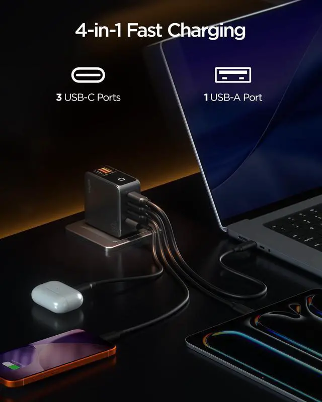 Alt view image 3 of 7 - 140W GaN USB C Charger Block, 4-Port PD3.1 Fast Wall Charger with Smart Display & Touch Control, Foldable Power Adapter with 240W USB-C Cable for MacBook Pro, iPhone 17/16, iPad, Galaxy S25/S24