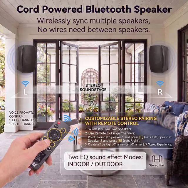 Alt view image 2 of 7 - 6.5 Inch Wall Mounted Bluetooth 5.4 Speakers, Peak 400W Indoor/Outdoor Waterproof Multi-Sync 200 Speakers/Auto-Pairing/Remote Control, 120 FT Range for Patio/Garage/Home (NO MIC,Black, Pair)