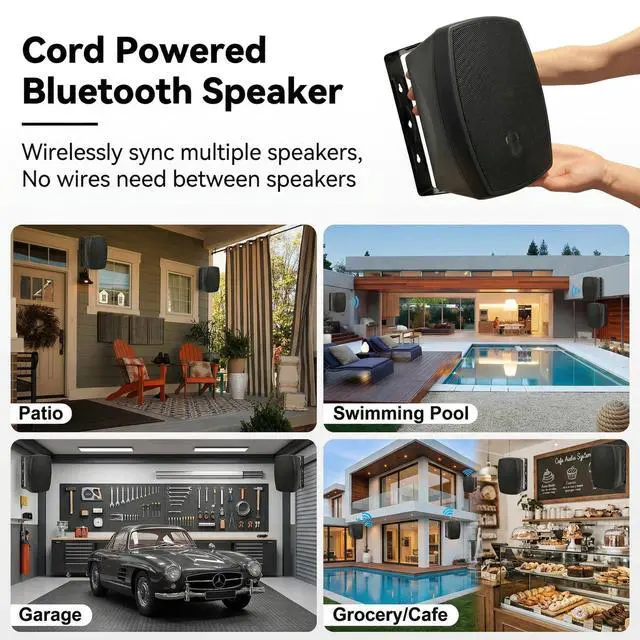Alt view image 3 of 7 - 6.5 Inch Wall Mounted Bluetooth 5.4 Speakers, Peak 400W Indoor/Outdoor Waterproof Multi-Sync 200 Speakers/Auto-Pairing/Remote Control, 120 FT Range for Patio/Garage/Home (NO MIC,Black, Pair)