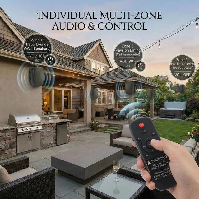 Alt view image 7 of 7 - 6.5 Inch Wall Mounted Bluetooth 5.4 Speakers, Peak 400W Indoor/Outdoor Waterproof Multi-Sync 200 Speakers/Auto-Pairing/Remote Control, 120 FT Range for Patio/Garage/Home (NO MIC,Black, Pair)