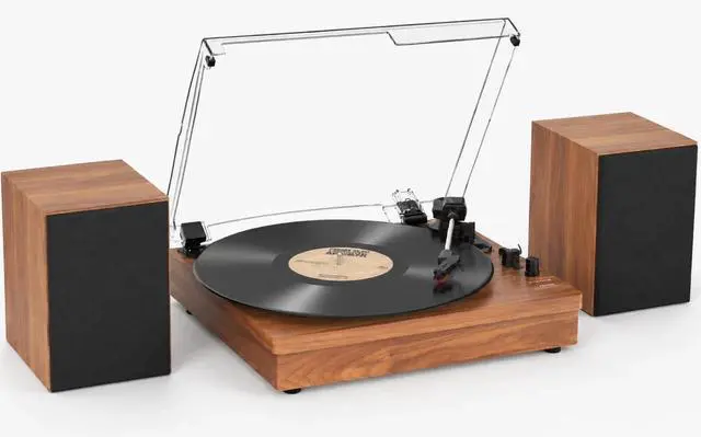 Main image of ® Record Player with 2 External Speakers, Vinyl Turntable, Brown | 3-Speed Belt-Drive Turntable for 33/45/78 RPM Vinyl, Bluetooth Wireless Playback, Auto Stop, AUX Headphone Input and RCA Out