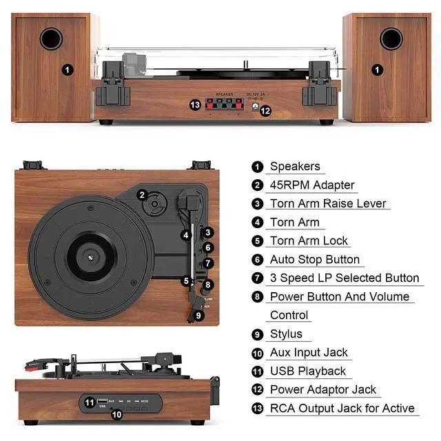 Alt view image 2 of 7 - ® Record Player with 2 External Speakers, Vinyl Turntable, Brown | 3-Speed Belt-Drive Turntable for 33/45/78 RPM Vinyl, Bluetooth Wireless Playback, Auto Stop, AUX Headphone Input and RCA Out