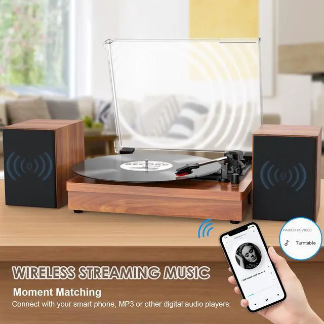 Alt view image 3 of 7 - ® Record Player with 2 External Speakers, Vinyl Turntable, Brown | 3-Speed Belt-Drive Turntable for 33/45/78 RPM Vinyl, Bluetooth Wireless Playback, Auto Stop, AUX Headphone Input and RCA Out