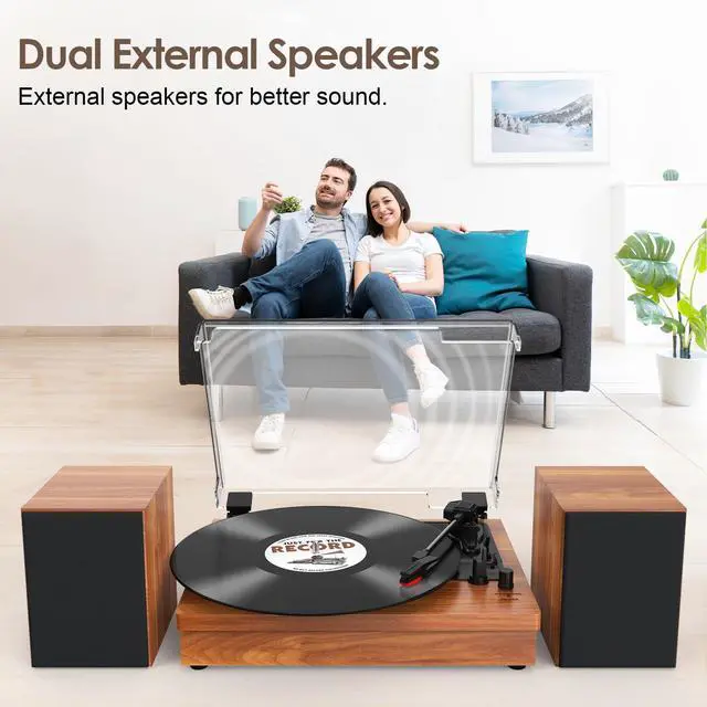 Alt view image 5 of 7 - ® Record Player with 2 External Speakers, Vinyl Turntable, Brown | 3-Speed Belt-Drive Turntable for 33/45/78 RPM Vinyl, Bluetooth Wireless Playback, Auto Stop, AUX Headphone Input and RCA Out
