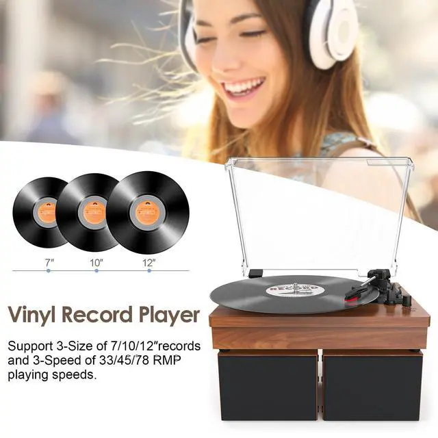 Alt view image 4 of 7 - ® Record Player with 2 External Speakers, Vinyl Turntable, Brown | 3-Speed Belt-Drive Turntable for 33/45/78 RPM Vinyl, Bluetooth Wireless Playback, Auto Stop, AUX Headphone Input and RCA Out