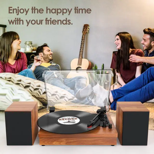 Alt view image 7 of 7 - ® Record Player with 2 External Speakers, Vinyl Turntable, Brown | 3-Speed Belt-Drive Turntable for 33/45/78 RPM Vinyl, Bluetooth Wireless Playback, Auto Stop, AUX Headphone Input and RCA Out