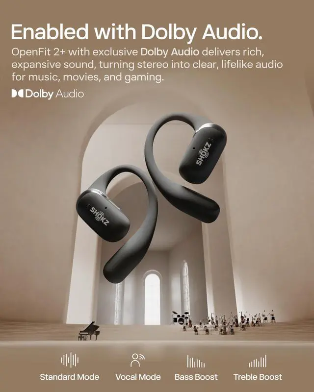 Alt view image 4 of 7 - OpenFit 2+ Open-Ear Earbuds, Black, Dolby Audio,Wireless Charging | Soft Ear Hooks IP55 Water-Resistant; USB-C Fast Charging48H Playtime; Gym/outdoor/home use