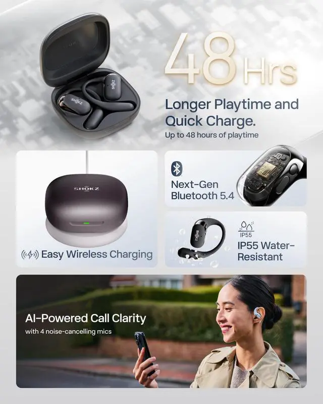 Alt view image 6 of 7 - OpenFit 2+ Open-Ear Earbuds, Black, Dolby Audio,Wireless Charging | Soft Ear Hooks IP55 Water-Resistant; USB-C Fast Charging48H Playtime; Gym/outdoor/home use