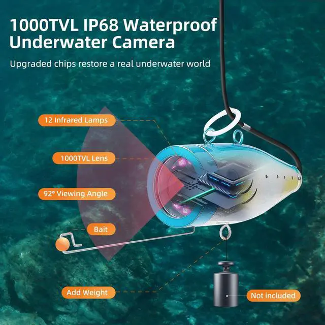 Alt view image 2 of 6 - Underwater Fishing Camera 7 inch LCD Monitor Fish Finder 1000TVL | Waterproof Fishing Camera, 12pcs Infrared Lights, 4500mAh 8H Battery, Sun Visor, Portable Case For Lake, Boat, Ice Fishing