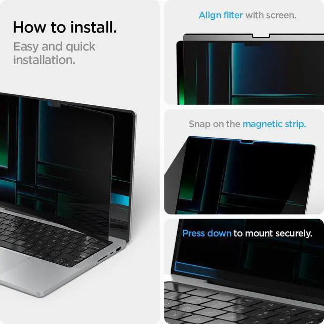 Alt view image 4 of 7 - SafeView Screen Protector for MacBook Pro 14" M1-M5 Series | Privacy filter blocks side-angle views, anti-glare, easy install, magnetic attachment, precise cutouts and webcam clearance