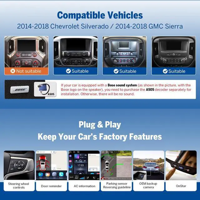 Alt view image 3 of 7 - 4+64GB 10.1" GMSX7A Car Stereo for Chevy Silverado GMC | CarPlay Bluetooth 5.4 swc support plug and play Android 14 for Chevy Chevrolet Silverado 2014-2018