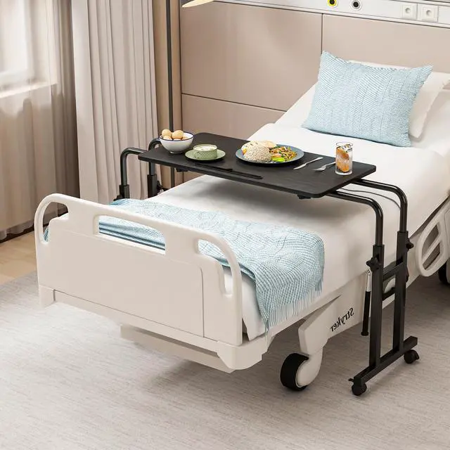Alt view image 3 of 7 - Overbed Table with Wheels, Adjustable Height and Length Over Bed Desk, Hospital Heavy Duty Metal Leg Laptop Stand for Adults