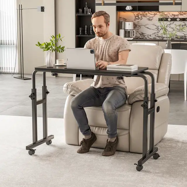 Alt view image 6 of 7 - Overbed Table with Wheels, Adjustable Height and Length Over Bed Desk, Hospital Heavy Duty Metal Leg Laptop Stand for Adults
