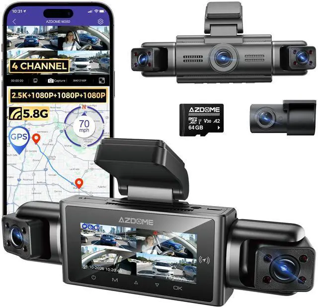Main image of M350 4 Channel 360 Dash Cam Front 2.5K,1080P Rear Left Right Camera for Cars, IR Night Vision Built-in GPS with Find My Voice Control, 5G WiFi,Supercapacitor,24/7 Recording,128GB (64, GB)