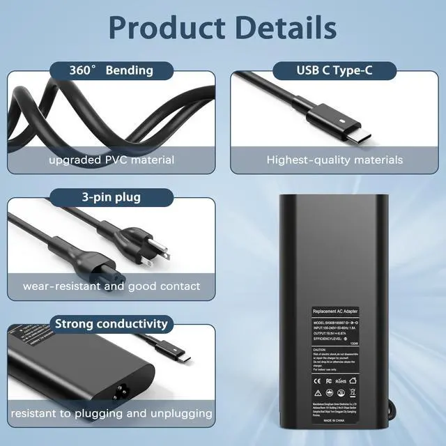 Alt view image 7 of 7 - 130W USB C Laptop Charger Compatible with Dell XPS/Latitude | for Dell XPS 15 9575 9510 9500, Precision 5530 5560 5750, Latitude 7410 5520 5420Type C Power Adapter