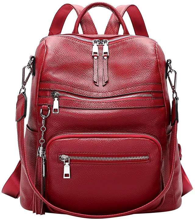 Main image of Genuine Leather Backpack for Women Soft Large Shoulder Bag Fits 11" ipad, Multi-pockets, Large Capacity Casual Shoulder Daypack for Daily Use, Travel, Commute, S106 Red