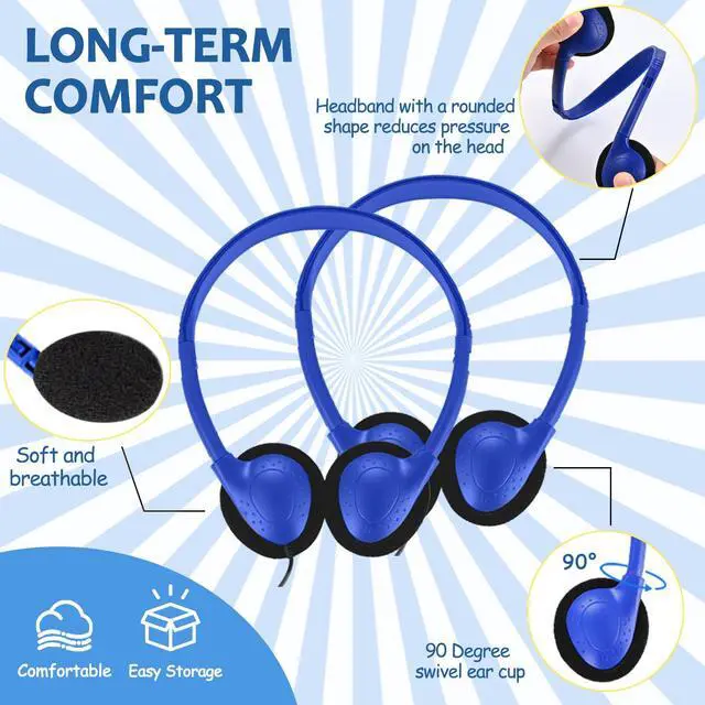Alt view image 4 of 7 - 100 Pack Classroom Headphones,Bulk Headphone for Kids Student School, Wired On-Ear Headphones for Chromebook Laptop Computer, Bulk Wholesale, 3.5mm Jack(Blue)