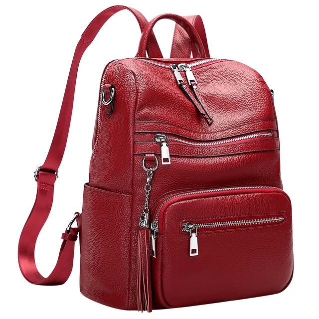 Alt view image 2 of 6 - Genuine Leather Backpack for Women Soft Large Shoulder Bag Fits 11" ipad, Multi-pockets, Large Capacity Casual Shoulder Daypack for Daily Use, Travel, Commute, S106 Red