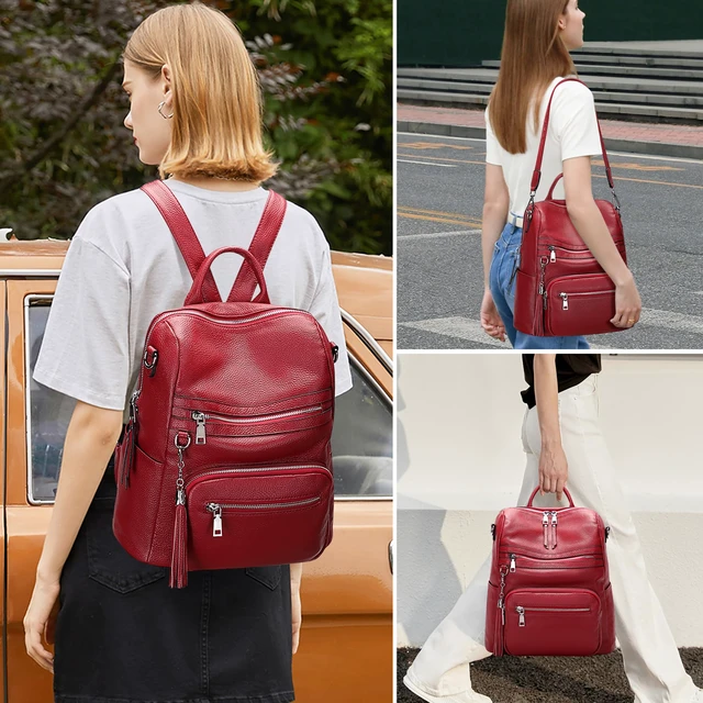 Alt view image 3 of 6 - Genuine Leather Backpack for Women Soft Large Shoulder Bag Fits 11" ipad, Multi-pockets, Large Capacity Casual Shoulder Daypack for Daily Use, Travel, Commute, S106 Red