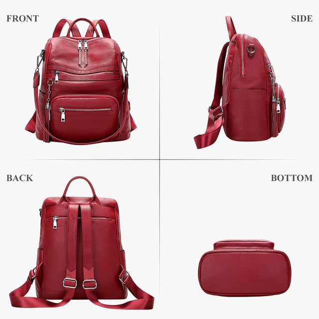 Alt view image 4 of 6 - Genuine Leather Backpack for Women Soft Large Shoulder Bag Fits 11" ipad, Multi-pockets, Large Capacity Casual Shoulder Daypack for Daily Use, Travel, Commute, S106 Red