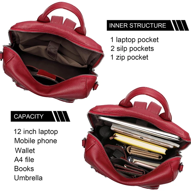 Alt view image 6 of 6 - Genuine Leather Backpack for Women Soft Large Shoulder Bag Fits 11" ipad, Multi-pockets, Large Capacity Casual Shoulder Daypack for Daily Use, Travel, Commute, S106 Red