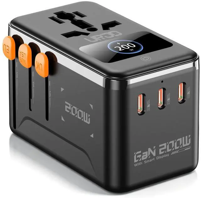 Main image of Max 200W GaN Universal Travel Adapter with Smart Display for Europe UK | Dual 100W USB-C Fast Charging, 4 USB + 2500W AC Outlet, Laptop Travel Charger, International Power Adapter for 200+ Countries