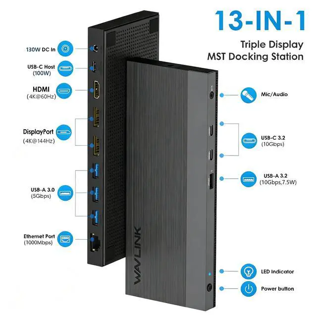 Alt view image 2 of 7 - Laptop Docking Station, Triple Monitors Dock,Dual DisplayPort,HDMI | Single 4K@144Hz, 130W PD Charger, 3×USB-C/A 10Gb, 3×USB-A 5Gb, Gigabit Ethernet and Mic/Audio, Compatible with Windows Only