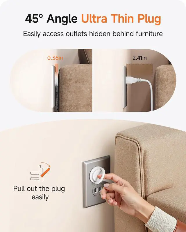 Alt view image 3 of 7 - 2 Prong Power Strip,2 to 3 Prong Outlet Adapter | Two Prong Surge Protector, 6ft Braided Flat Plug Extension Cord, 6 AC & 4 USB (2 Type C), Wall Mount for Non-Grounded Outlet