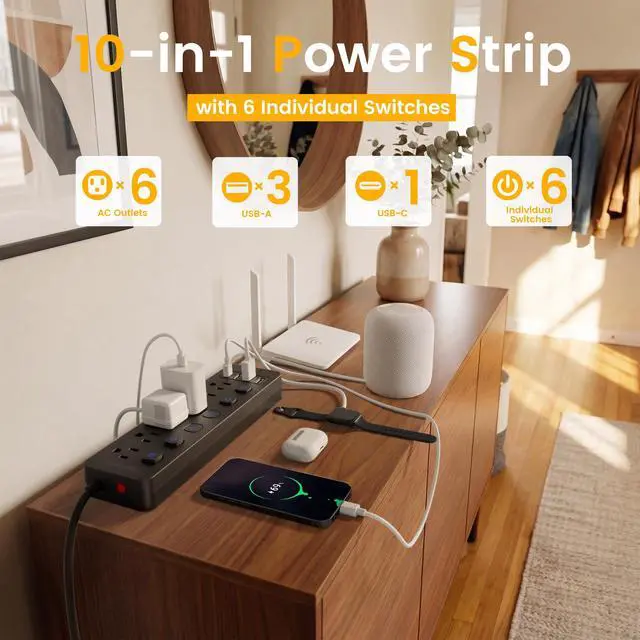 Alt view image 2 of 6 - 6Ft Power Strip with 6 Individual Switches, 6 Outlets | 3 USB-A Ports & 1 USB-C Port, No Surge Protector, Flat Plug, 1250W/10A, Cruise Friendly for Home Office Dorm Travel
