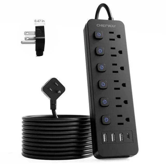Main image of 6Ft Power Strip with 6 Individual Switches, 6 Outlets | 3 USB-A Ports & 1 USB-C Port, No Surge Protector, Flat Plug, 1250W/10A, Cruise Friendly for Home Office Dorm Travel