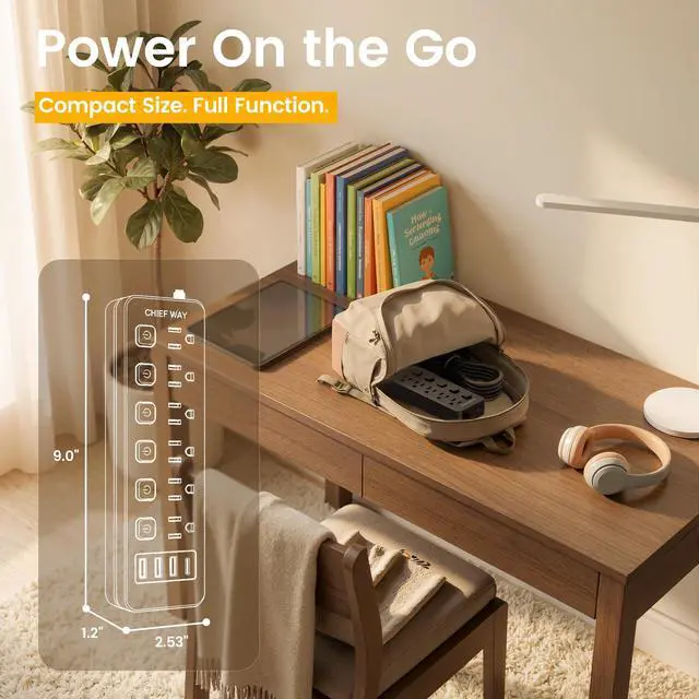 Alt view image 5 of 6 - 6Ft Power Strip with 6 Individual Switches, 6 Outlets | 3 USB-A Ports & 1 USB-C Port, No Surge Protector, Flat Plug, 1250W/10A, Cruise Friendly for Home Office Dorm Travel