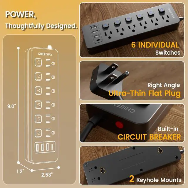 Alt view image 6 of 6 - 6Ft Power Strip with 6 Individual Switches, 6 Outlets | 3 USB-A Ports & 1 USB-C Port, No Surge Protector, Flat Plug, 1250W/10A, Cruise Friendly for Home Office Dorm Travel