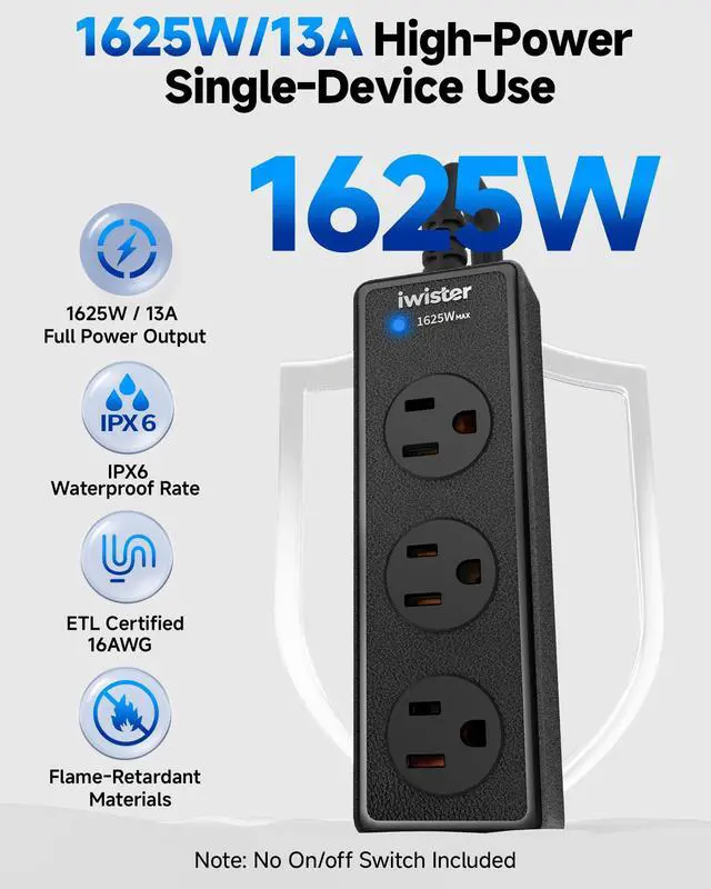Alt view image 2 of 7 - Outdoor Power Strip Weatherproof, 3 AC Outlets, 1625W/13A High-Power Single-Device Use, IPX6 Waterproof Extension Cord for Backyard, Patio, Home Office, Garage, Workshop, Camping, 3FT