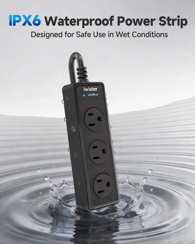 Alt view image 4 of 7 - Outdoor Power Strip Weatherproof, 3 AC Outlets, 1625W/13A High-Power Single-Device Use, IPX6 Waterproof Extension Cord for Backyard, Patio, Home Office, Garage, Workshop, Camping, 3FT