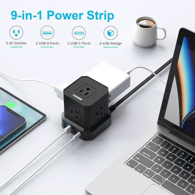 Alt view image 2 of 7 - Power Strip Surge Protector (700J), 10 FT Flat Extension Cord with 5 Outlets, 2 USB-C & 2 USB-A, Power Strip with USB for Home, Office, Dorm, Hotel, Travel, Compact Desk Charging Station