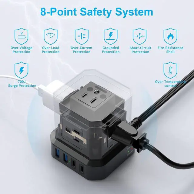 Alt view image 5 of 7 - Power Strip Surge Protector (700J), 10 FT Flat Extension Cord with 5 Outlets, 2 USB-C & 2 USB-A, Power Strip with USB for Home, Office, Dorm, Hotel, Travel, Compact Desk Charging Station