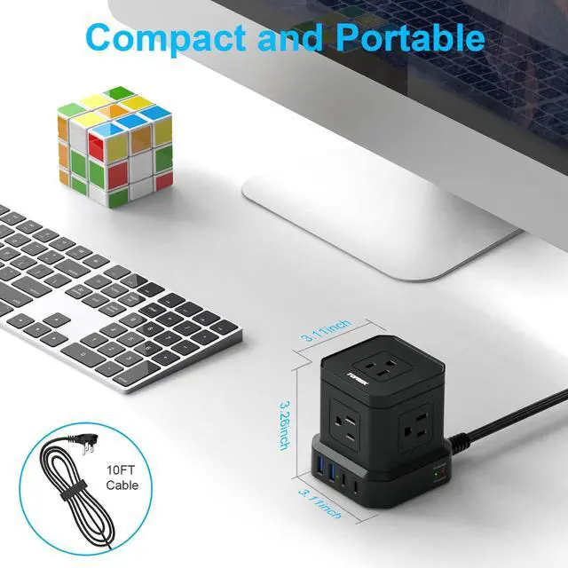 Alt view image 6 of 7 - Power Strip Surge Protector (700J), 10 FT Flat Extension Cord with 5 Outlets, 2 USB-C & 2 USB-A, Power Strip with USB for Home, Office, Dorm, Hotel, Travel, Compact Desk Charging Station
