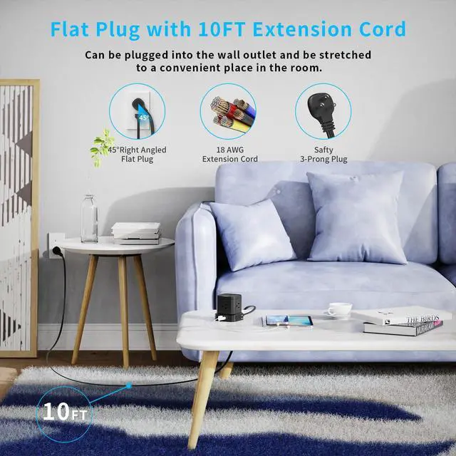 Alt view image 7 of 7 - Power Strip Surge Protector (700J), 10 FT Flat Extension Cord with 5 Outlets, 2 USB-C & 2 USB-A, Power Strip with USB for Home, Office, Dorm, Hotel, Travel, Compact Desk Charging Station