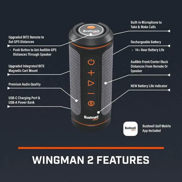 Alt view image 4 of 7 - Bushnell Wingman 2 Golf GPS Speaker Protective Pouch Bundle | Audible GPS & Remote, Music, BITE Magnetic Cart Mount, 40,000+ Courses, 14+ Hours Battery & External Battery Indicator