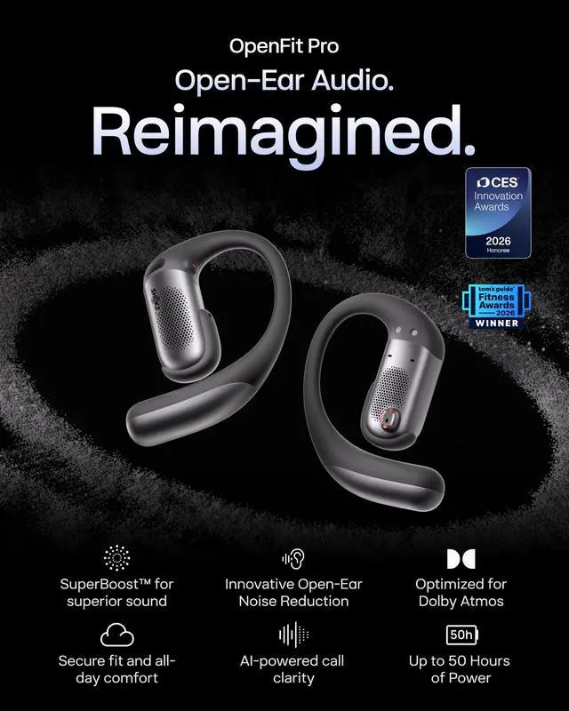 Alt view image 2 of 7 - OpenFit Pro Open-Ear Earbuds with Noise Reduction, Dolby Atmos, Black | Bundle with Gym Bag; Deep Bass, 50H Playtime, AI call clarity; Bluetooth 6.1; IP55 Secure all-day fit; Gym/Office/Cafe use